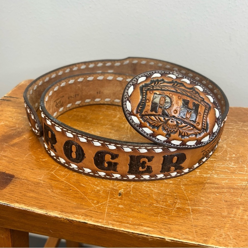 Vintage Roger RH Brown Leather Belt Custom Buckle Tony Lama Western Southwestern